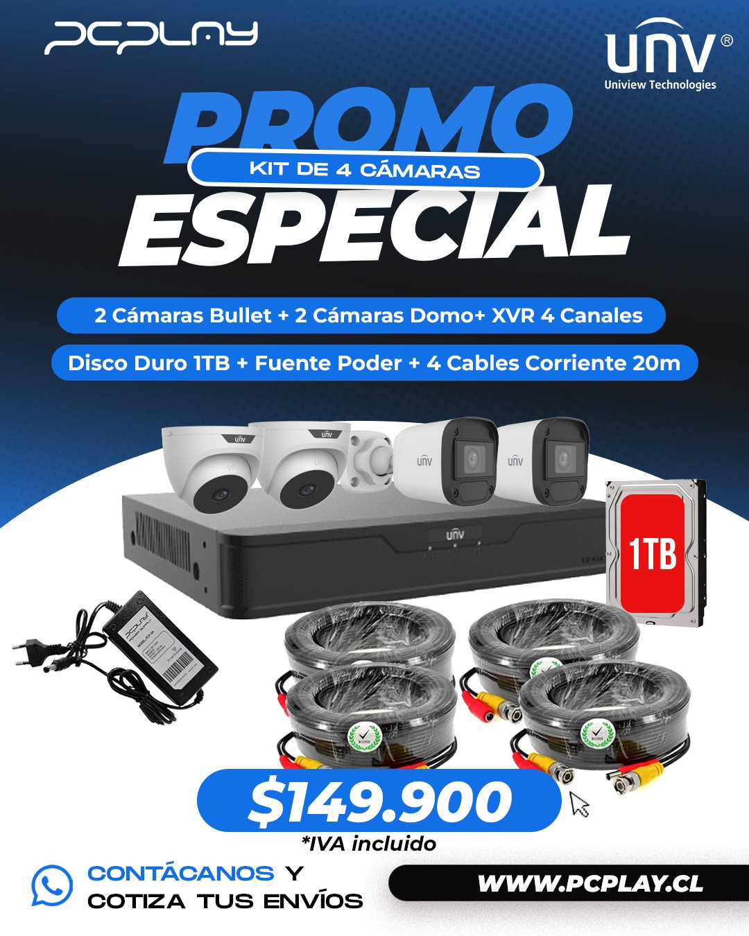 KIT 4 CÁMARAS UNIVIEW CON XVR 4 CANALES + ACCESORIOS
